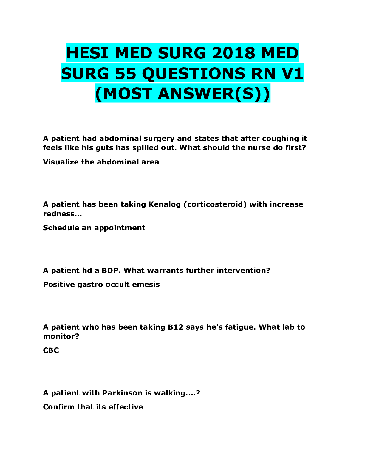 Preview of HESI MED SURG 2019 MED SURG 55 QUESTIONS RN V1 With All Answers Correct